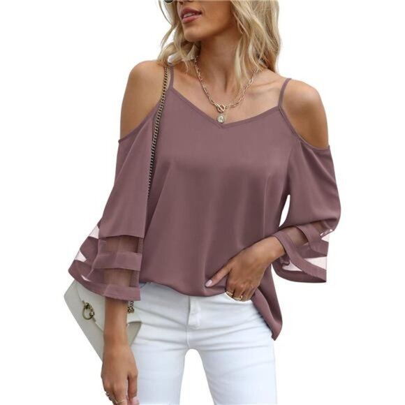 Mauve Purple Mesh Panel 3/4 Bell Sleeve Off Shoulder‎ Flowy Top Blouse Loose Top - Picture 1 of 5